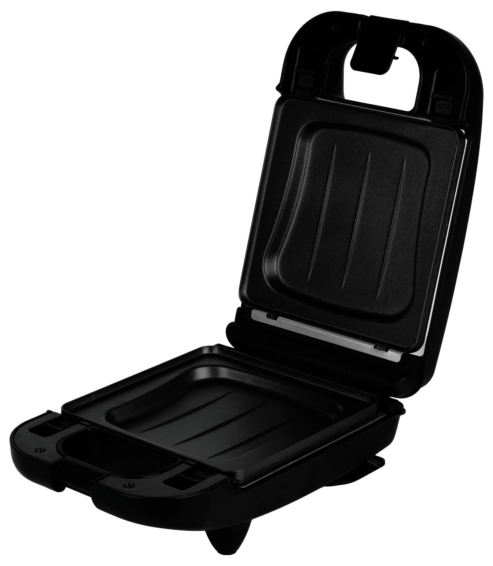 Open black sandwich press with two ridged cooking plates on a white background.
