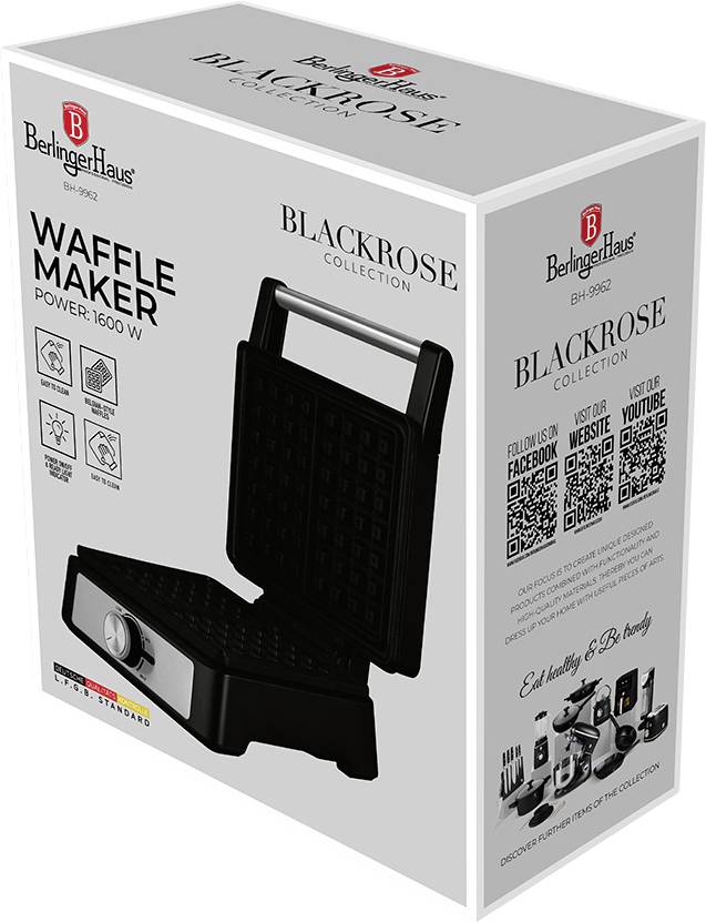 Box packaging for Berlinger Haus Black Rose Collection waffle maker, 1600 W, with product image and feature icons<br>