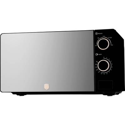 Silver microwave oven with black control panel, power and timer dials on the right, and a small logo on the door<br>