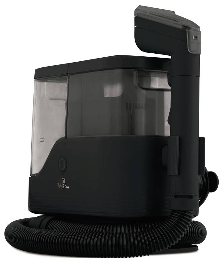 Black portable air filtration unit with clear side panel and corrugated hose at the base, shown on a white background.