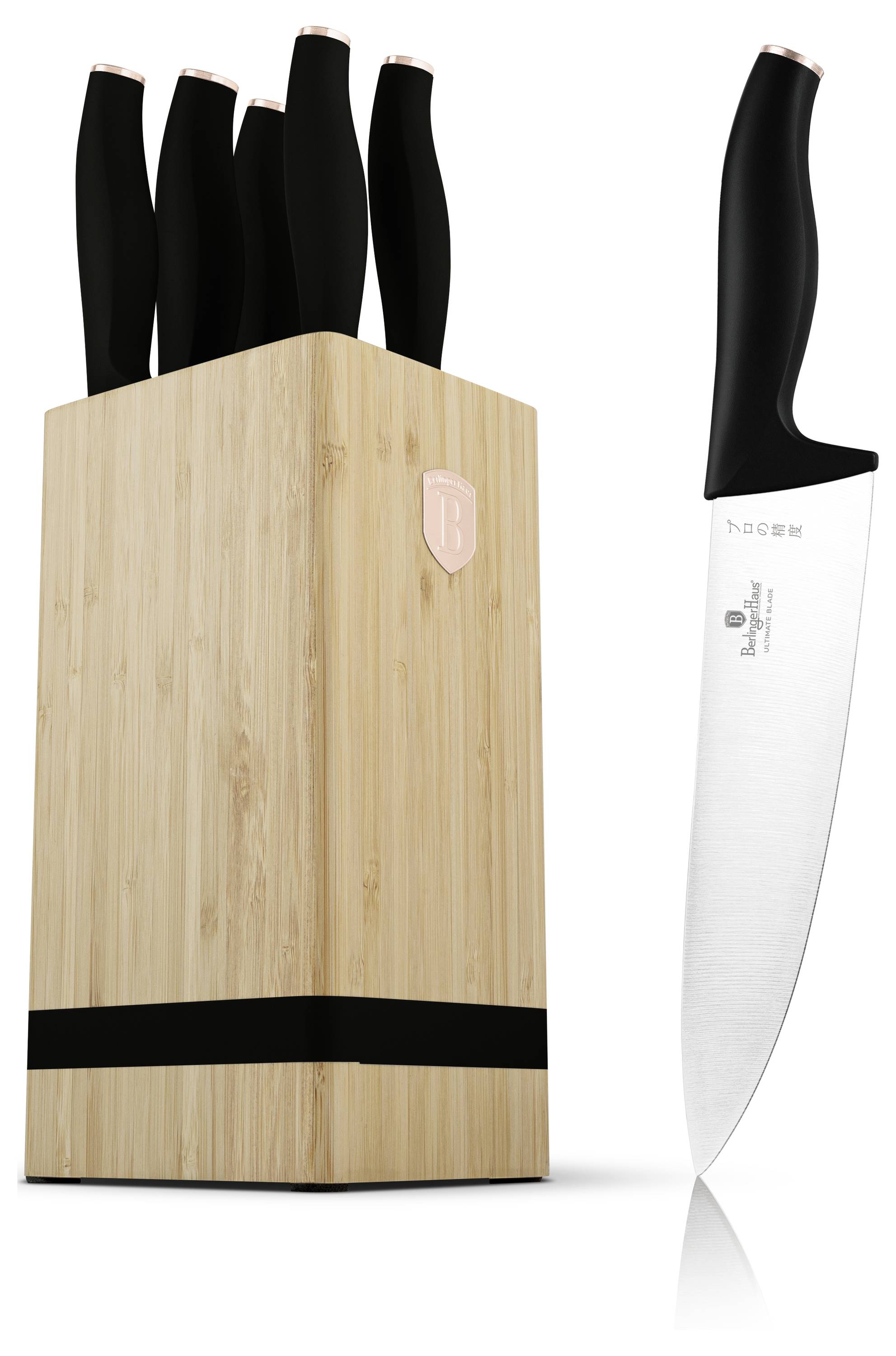 Knife block set with five black-handled knives in a wooden holder, plus one chef’s knife shown beside it with a silver blade.