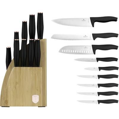 Bamboo knife block with several black-handled kitchen knives and a matching set of stainless steel blades shown separately.