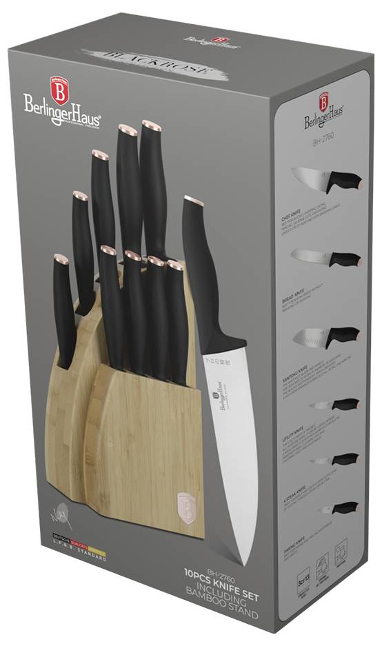 Boxed Berlinger Haus 10-piece knife set with bamboo stand, showing black-handled knives and a chef’s knife on the packaging.