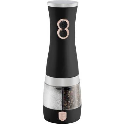 Black electric salt and pepper grinder with rose-gold accents, transparent lower chamber showing peppercorns and salt, and a 'B' logo badge.<br>