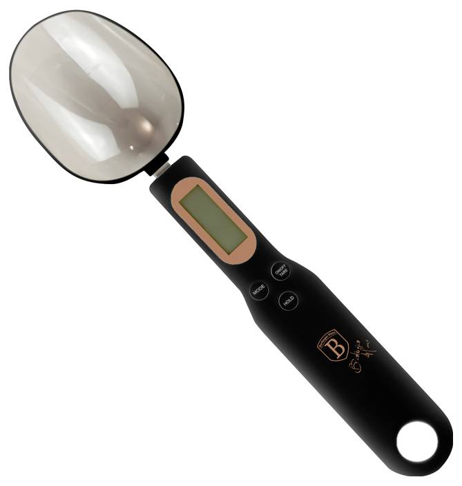 Black handheld digital spoon scale with a large shallow bowl, LCD display, and three buttons on the handle.