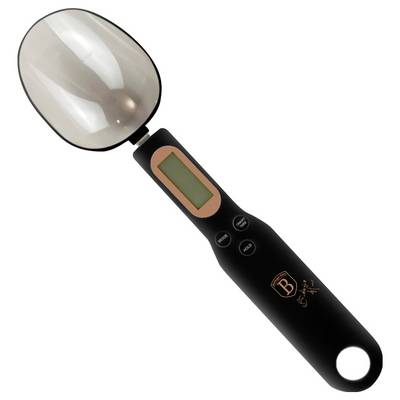 Black handheld digital spoon scale with a large shallow bowl, LCD display, and three buttons on the handle.