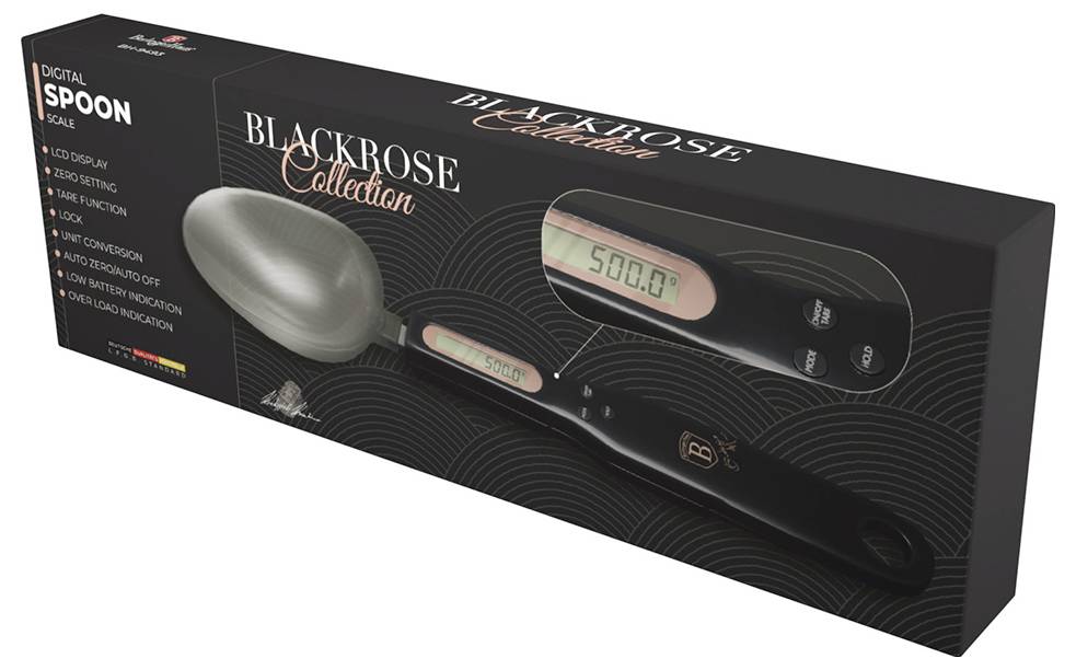 Boxed Blackrose Collection digital spoon scale with LCD display, zero/tare and unit conversion, shown with spoon and handle on black packaging.