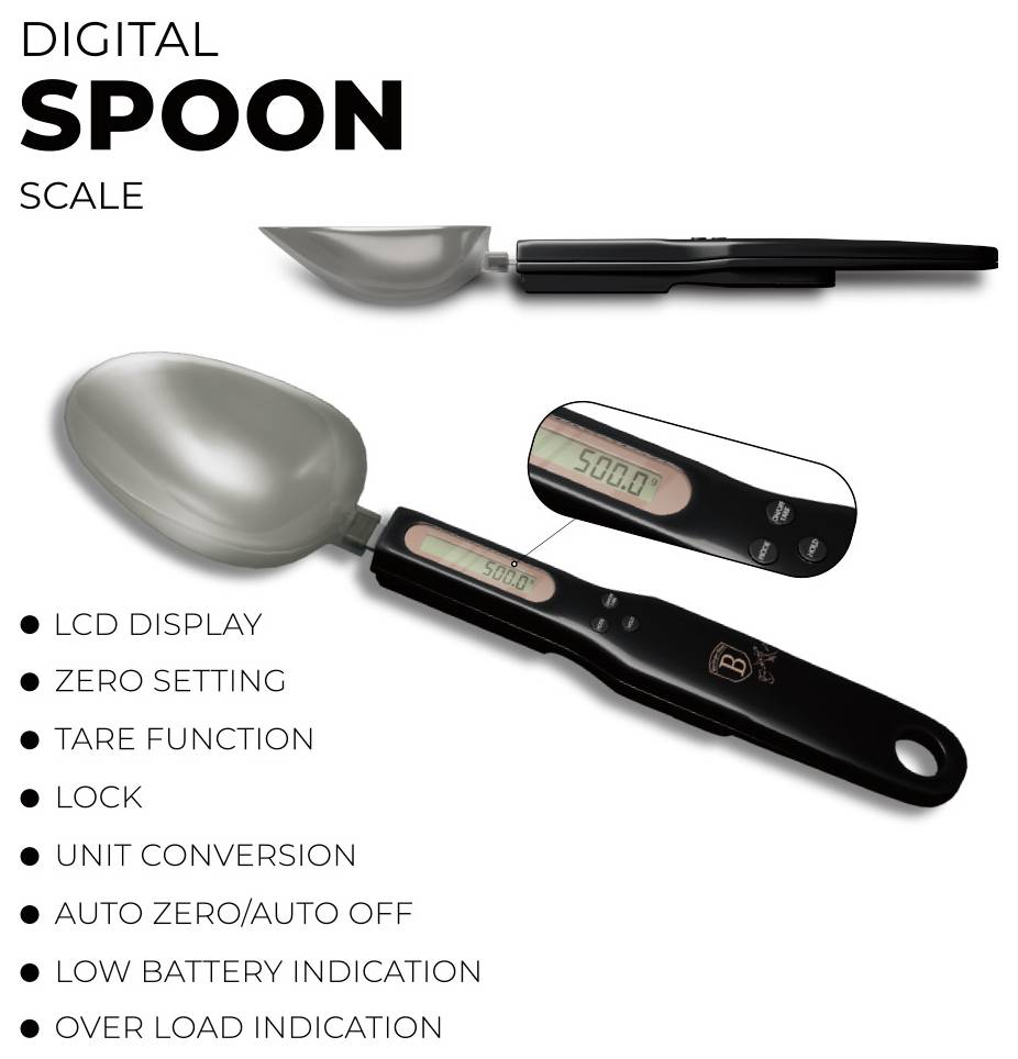 Digital spoon scale with LCD display, tare, lock, unit conversion, auto off, low battery and overload indicators; product shown from side and top views.