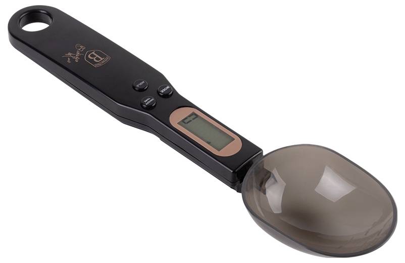 Handheld digital kitchen scale spoon with a display and oval bowl for measuring ingredients.