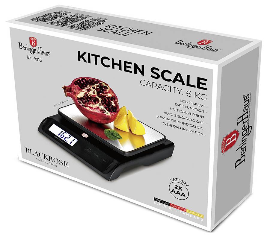 Product box for a digital kitchen scale labeled 'KITCHEN SCALE' with 6 kg capacity, LCD display, tare, auto-off, low battery and overload indication.