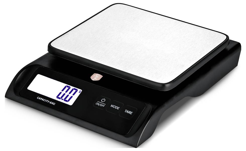 Digital kitchen scale with stainless steel platform and LCD showing 0.0, with power, mode, and tare buttons.