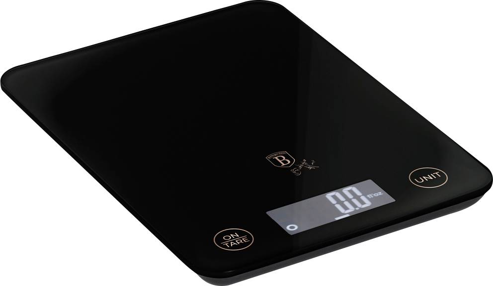Black digital kitchen scale with an LCD display reading 0.0 and touch buttons labeled 'ON/TARE' and 'UNIT'.