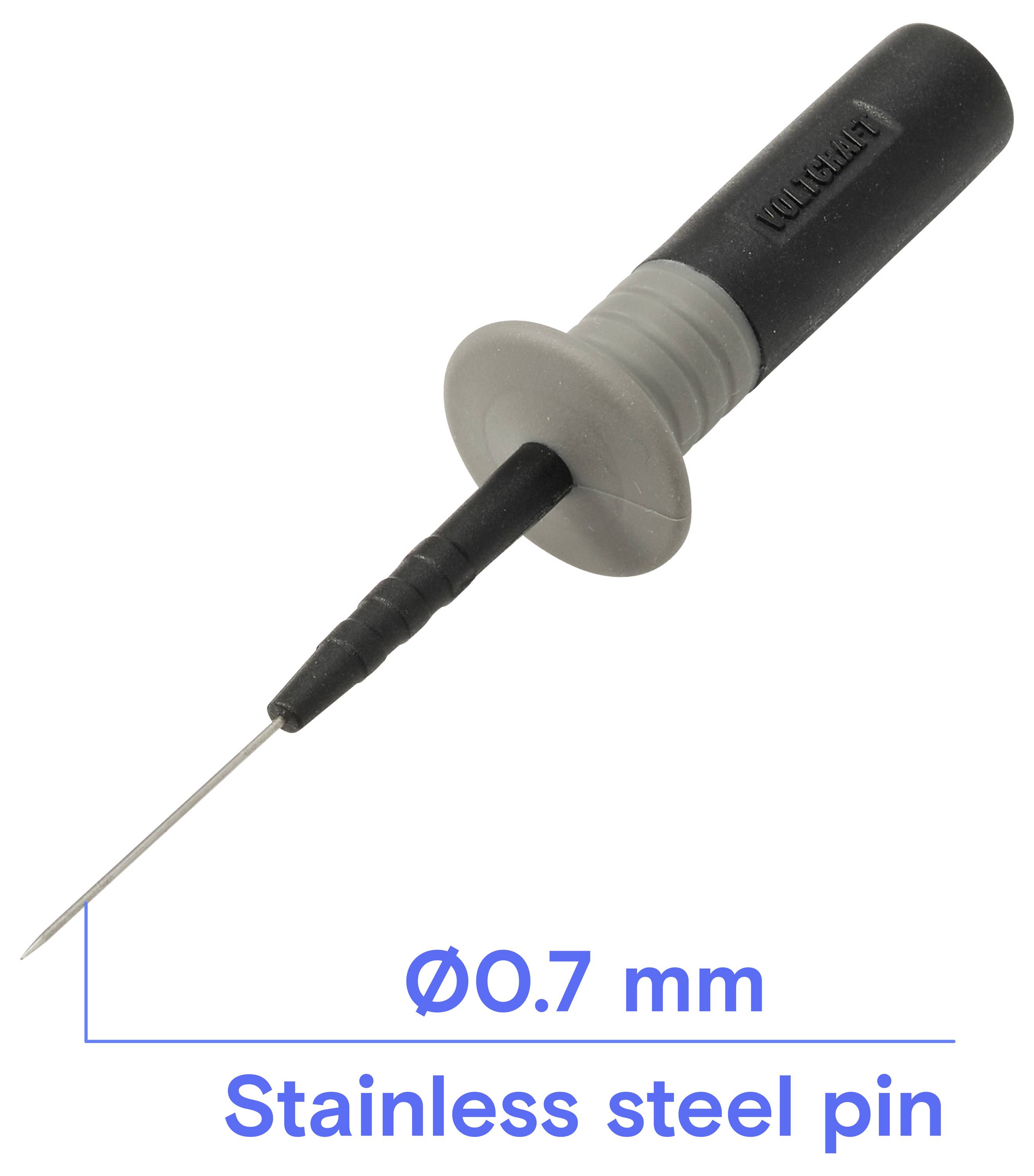 Black pin with grey handle and thin stainless steel needle tip labeled 'Ø0.7 mm Stainless steel pin' on white background.