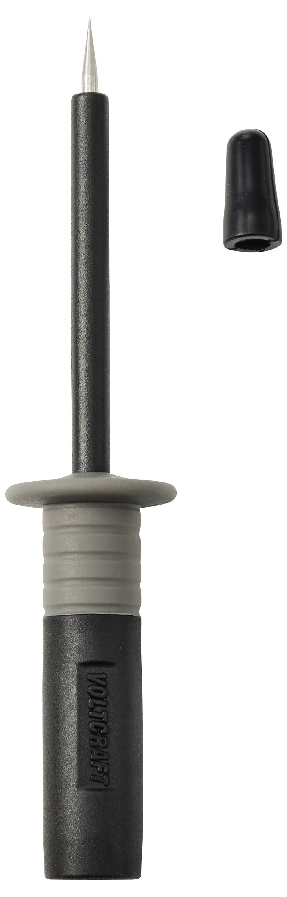 A black soldering iron with a gray grip is shown vertically, with a separate black protective cap to the right.