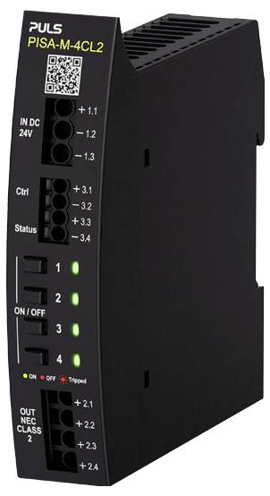 Black PULS PISA-M-4CL2 DIN-rail power distribution module with QR code, input/output terminal labels, four channel switches, and green status LEDs.