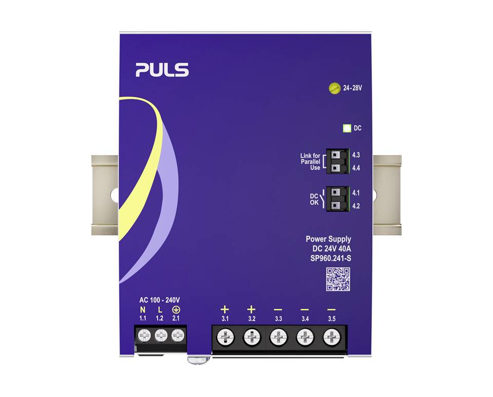 Purple PULS DIN-rail power supply labeled 'Power Supply DC 24V 40A', with AC 100-240V input, DC output terminals, status LEDs, and a QR code.