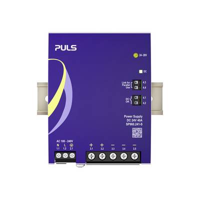 Purple PULS DIN-rail power supply labeled 'Power Supply DC 24V 40A', with AC 100-240V input, DC output terminals, status LEDs, and a QR code.