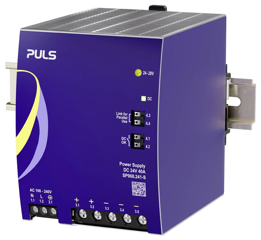 Purple PULS DC power supply unit with status LEDs, adjustment switches, and terminal connections for industrial use.