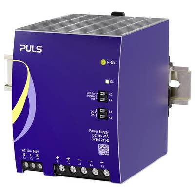 Purple PULS DC power supply unit with status LEDs, adjustment switches, and terminal connections for industrial use.
