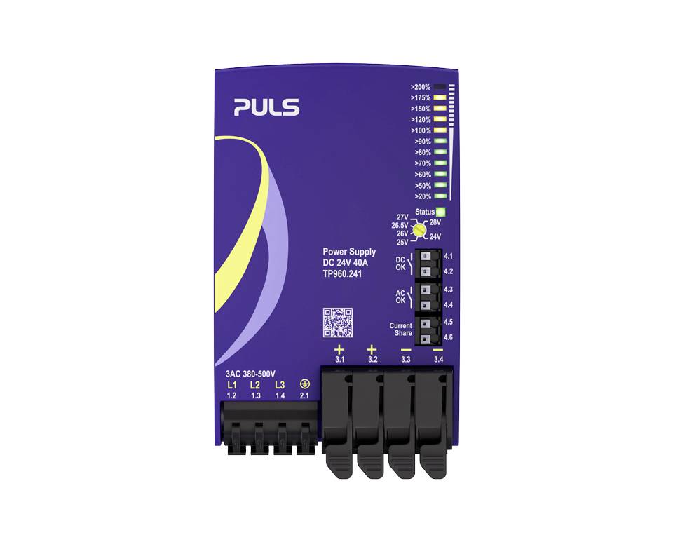 Front view of a PULS DC 24V 40A power supply with terminals, status LEDs, and voltage adjustment dial.