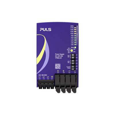 Front view of a PULS DC 24V 40A power supply with terminals, status LEDs, and voltage adjustment dial.