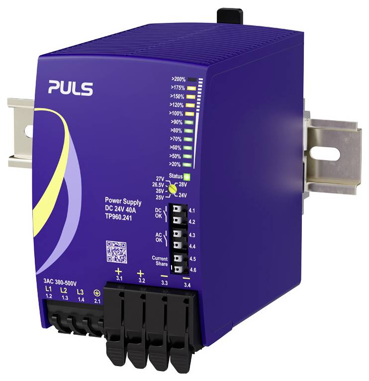Purple PULS DC 24V 40A power supply module with status LEDs, voltage selector, and terminal connectors on a white background