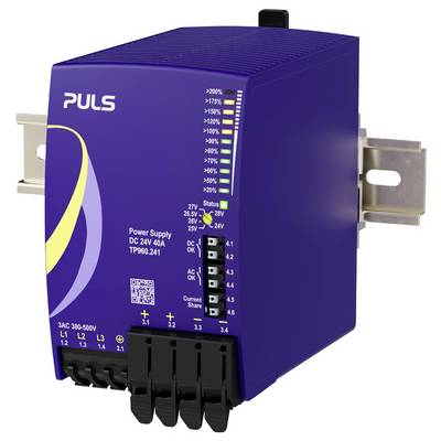Purple PULS DC 24V 40A power supply module with status LEDs, voltage selector, and terminal connectors on a white background