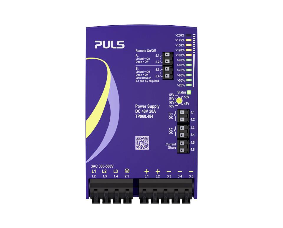 Purple PULS DIN-rail power supply module labeled 'Power Supply DC 48V 20A TP960.484' with status LEDs and terminal connections.