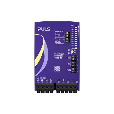 Purple PULS DIN-rail power supply module labeled 'Power Supply DC 48V 20A TP960.484' with status LEDs and terminal connections.
