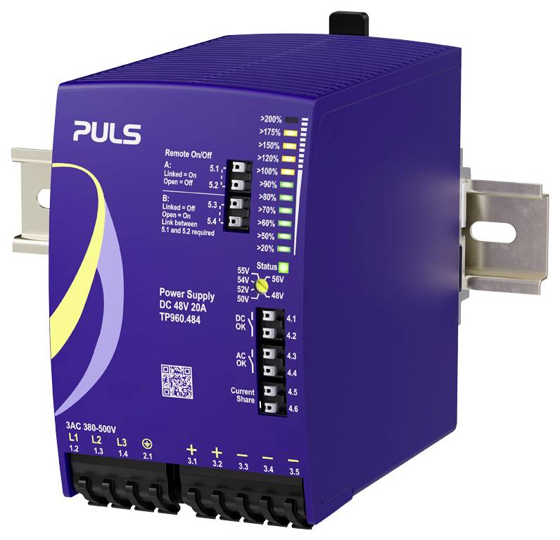 Purple PULS power supply module labeled 'Power Supply DC 48V 20A TP960.484' with status LEDs, terminals, and DIN rail mount.