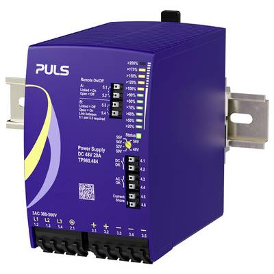 Purple PULS power supply module labeled 'Power Supply DC 48V 20A TP960.484' with status LEDs, terminals, and DIN rail mount.