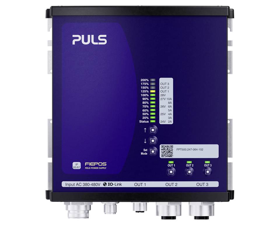 PULS industrial power supply unit with front status LEDs and labeled outputs OUT 1, OUT 2, and OUT 3.<br>