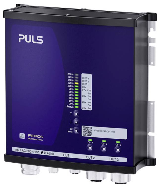Industrial PULS FIEPOS power supply unit with LED status indicators, QR code, and labeled output terminals for OUT 1, OUT 2, and OUT 3.