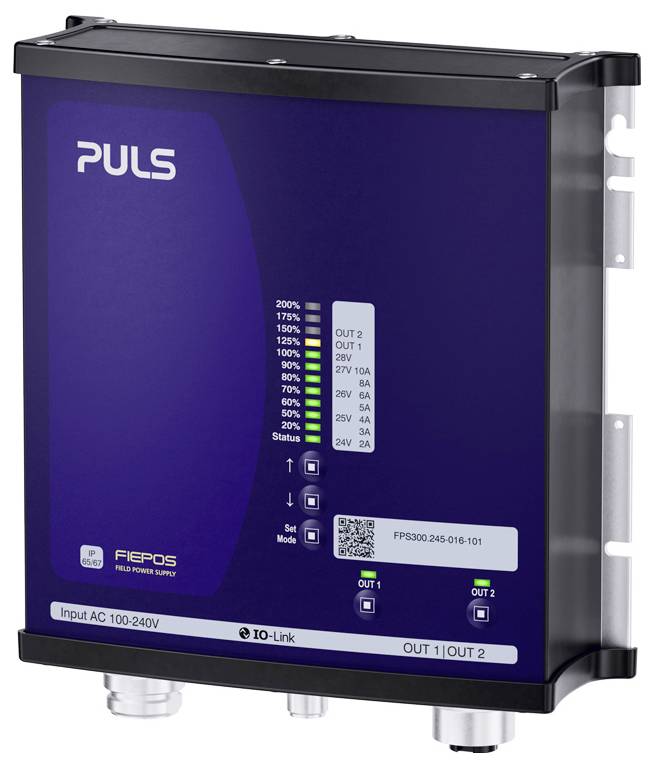 PULS FIEPOS field power supply unit with status LEDs, QR code, and labels for Input AC 100-240V and OUT 1, OUT 2.