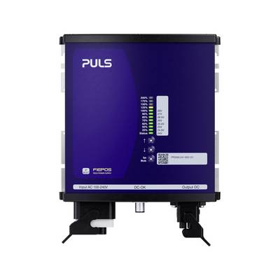 PULS FIEPOS power supply unit with status LEDs and labels for input AC 100-240V, DC OK, and output DC.