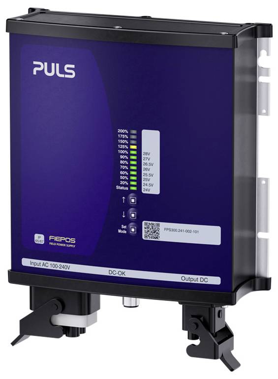 Blue PULS FIEPOS industrial power supply module with status LEDs, mounting brackets, and labels for input AC 100-240V and output DC.