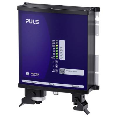 Blue PULS FIEPOS industrial power supply module with status LEDs, mounting brackets, and labels for input AC 100-240V and output DC.
