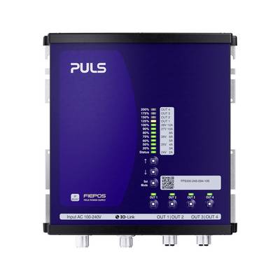 PULS FIEPOS industrial power supply module with status LEDs, four output indicators, QR code label, and AC input 100-240V.