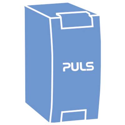 Blue PULS-branded rectangular box or device package with a top flap and white outline<br>