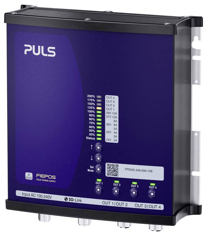 PULS FIEPOS industrial power supply unit with status LEDs, QR label, and four output terminals, mounted in a metal enclosure.