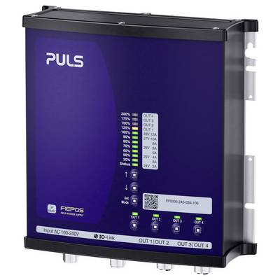 PULS FIEPOS industrial power supply unit with status LEDs, QR label, and four output terminals, mounted in a metal enclosure.