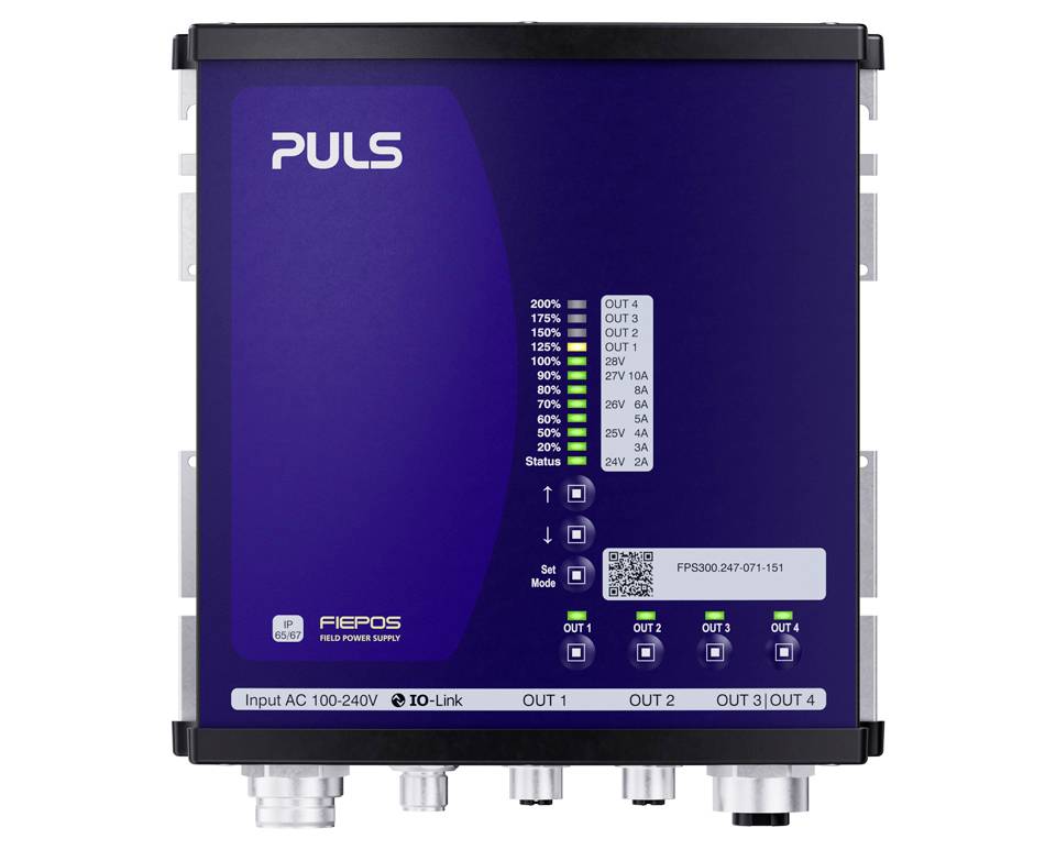 Blue PULS FIEPOS power supply unit with front status LEDs, IO-Link display, and four labeled outputs on the front panel.