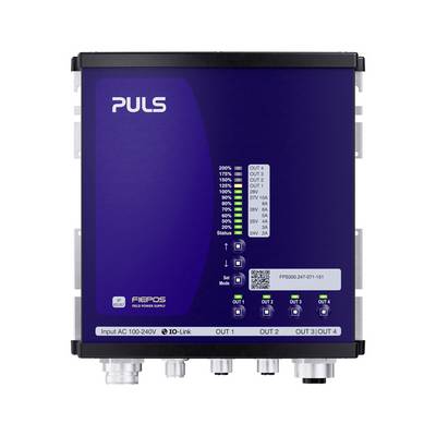 Blue PULS FIEPOS power supply unit with front status LEDs, IO-Link display, and four labeled outputs on the front panel.