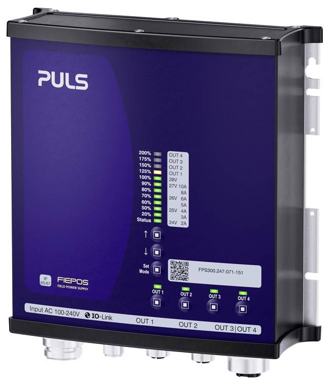 PULS FIEPOS field power supply module with status LEDs, QR code, and labeled outputs OUT 1 to OUT 4 for industrial power distribution.