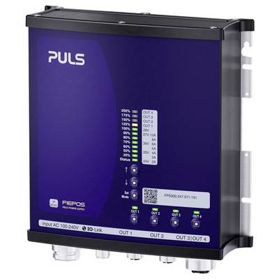 PULS FIEPOS field power supply module with status LEDs, QR code, and labeled outputs OUT 1 to OUT 4 for industrial power distribution.