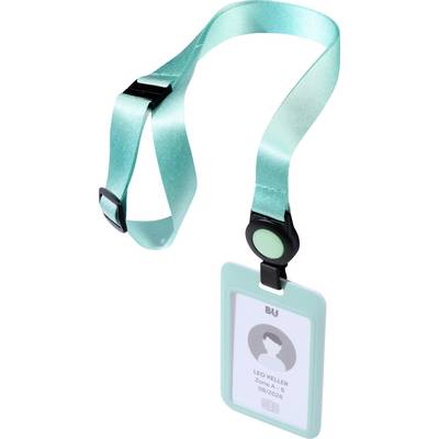 Turquoise lanyard with clear ID badge holder and black buckle, showing an employee-style photo ID card.<br>
