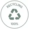 Green recycling symbol inside a circle with the word 'RECYCLING' above and '100%' below.