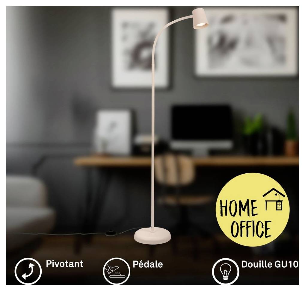 Pink adjustable floor lamp for a home office, with labels 'Pivotant', 'Pédale', and 'Douille GU10' and a 'HOME OFFICE' badge.