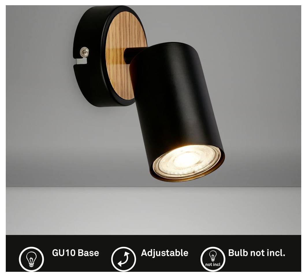Black adjustable wall spotlight with wood accent and GU10 base; bulb not included.