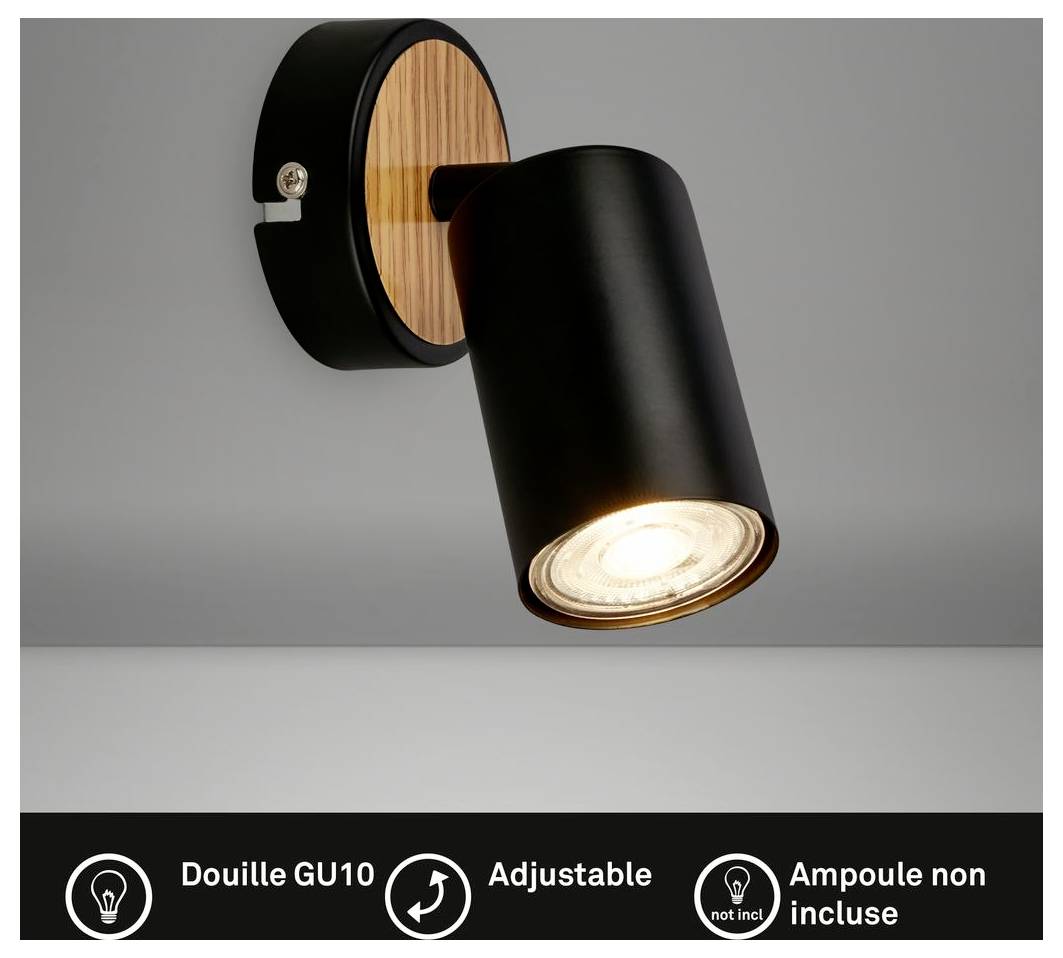 Black adjustable GU10 wall spotlight with wood accent; bulb not included.